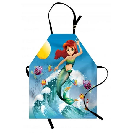 Little Helper Apron Mermaid Apron Illustration of Cute Little Mermaid on top of a Big Wave in the Surf with Fish Kids, Unisex Kitchen Bib Apron with Adjustable Neck for Cooking Baking Gardening, Multicolor, by Ambesonne ()