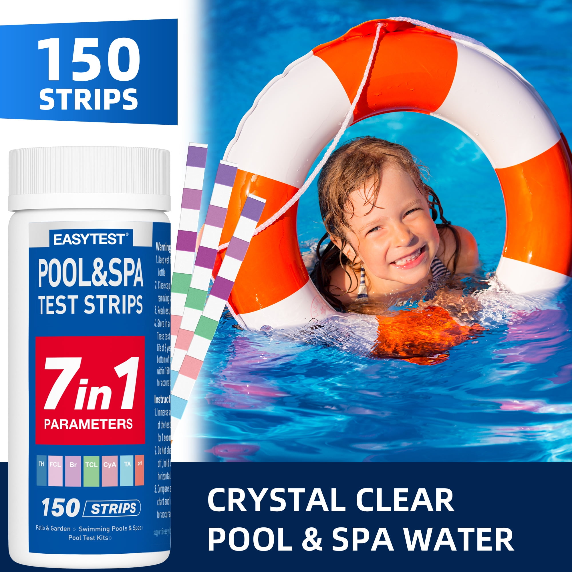 EASYTEST 7 in 1 Pool and Spa Test Strips, 150 Strips Fast and Accurate Water Quality Testing Kit for Swimming Pool and Hot tub, Strip Detects pH, Chlorine, Bromine, Total Hardness