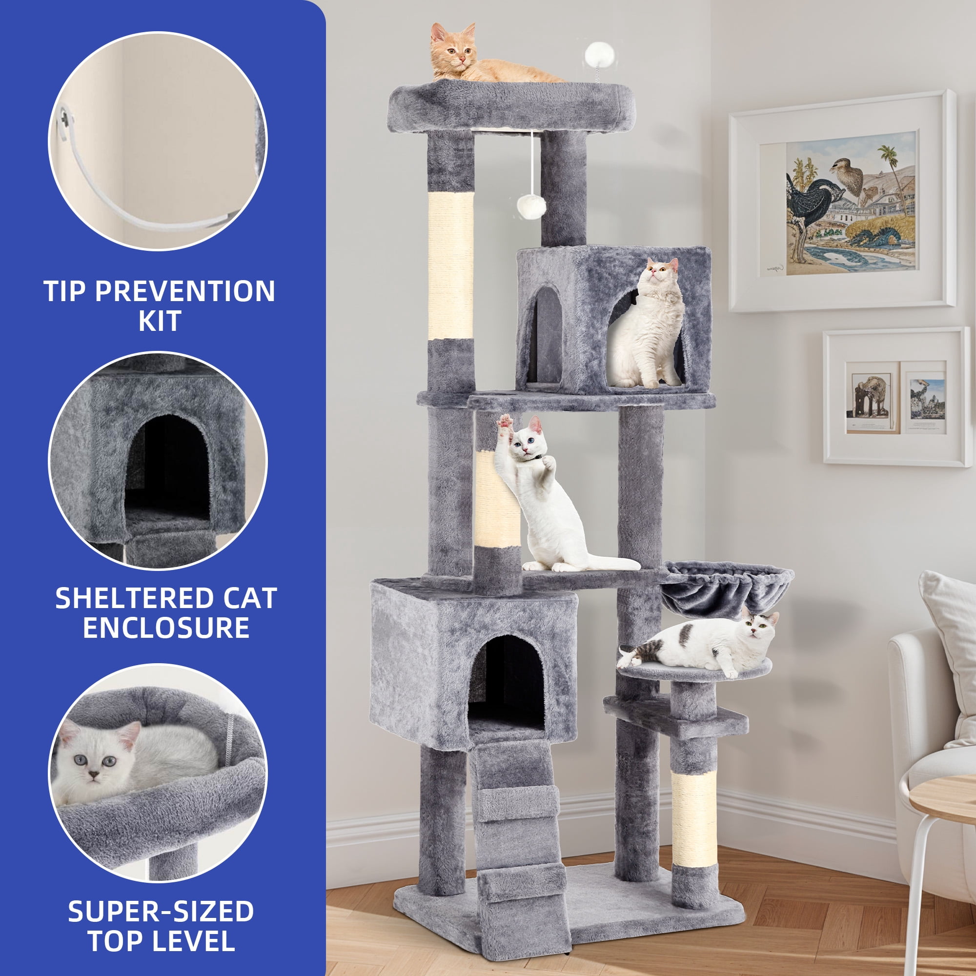 ModFusion Deluxe Multi-Level Cat Tree with Scratching Posts, Hammock, and Condos - 70" Tall, Light Gray