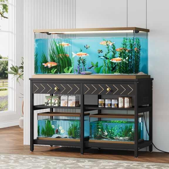 Condemo 40-50 Gallon Aquarium Stand, Fish Tank Stand with Power Outlets and Drawers, Heavy Duty Metal Reptile Tank Stand for Turtle, 911LBS Capacity, Black
