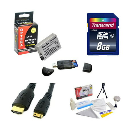 Transcend 8GB SDHC Class 10 Memory Card and Opteka LP-E8 LPE8 2000mAh Battery Package for Canon EOS Rebel T2i T3i T4i T5i 550D 600D 650D 700D Kiss X4 X5 X6 X6i X7i DSLR Digital