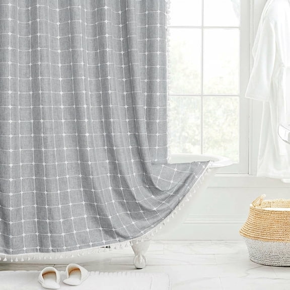 Grey Plaid Linen Blend Tassel Shower Curtain, 72"W x 72"L, Pack of 1