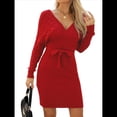 thumbnail image 1 of Vestido Ajustado de Larga para Mujer, Cuello en V, Punto , Aberturas Laterales y Cinturón. Vino Tinto S, 1 of 10
