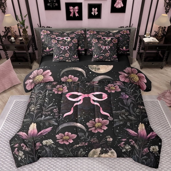 Homewish Chic Pink Flowers 7-Piece Twin Bedding Sets For Teens Boys Girls,Kawaii Cute Bow Bedding Comforter Set,Exotic Style Breathable Sheet Sets,Lightweight Room Decor,Reversible