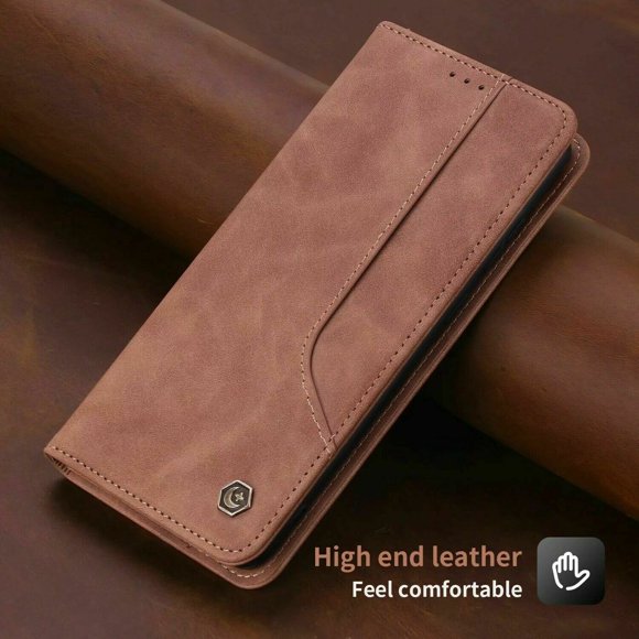 POLA Retro Classic Magnetic PU Leather Flip Wallet Card Holder Phone Case Cover for Samsung Galaxy S22 Ultra (Brown)
