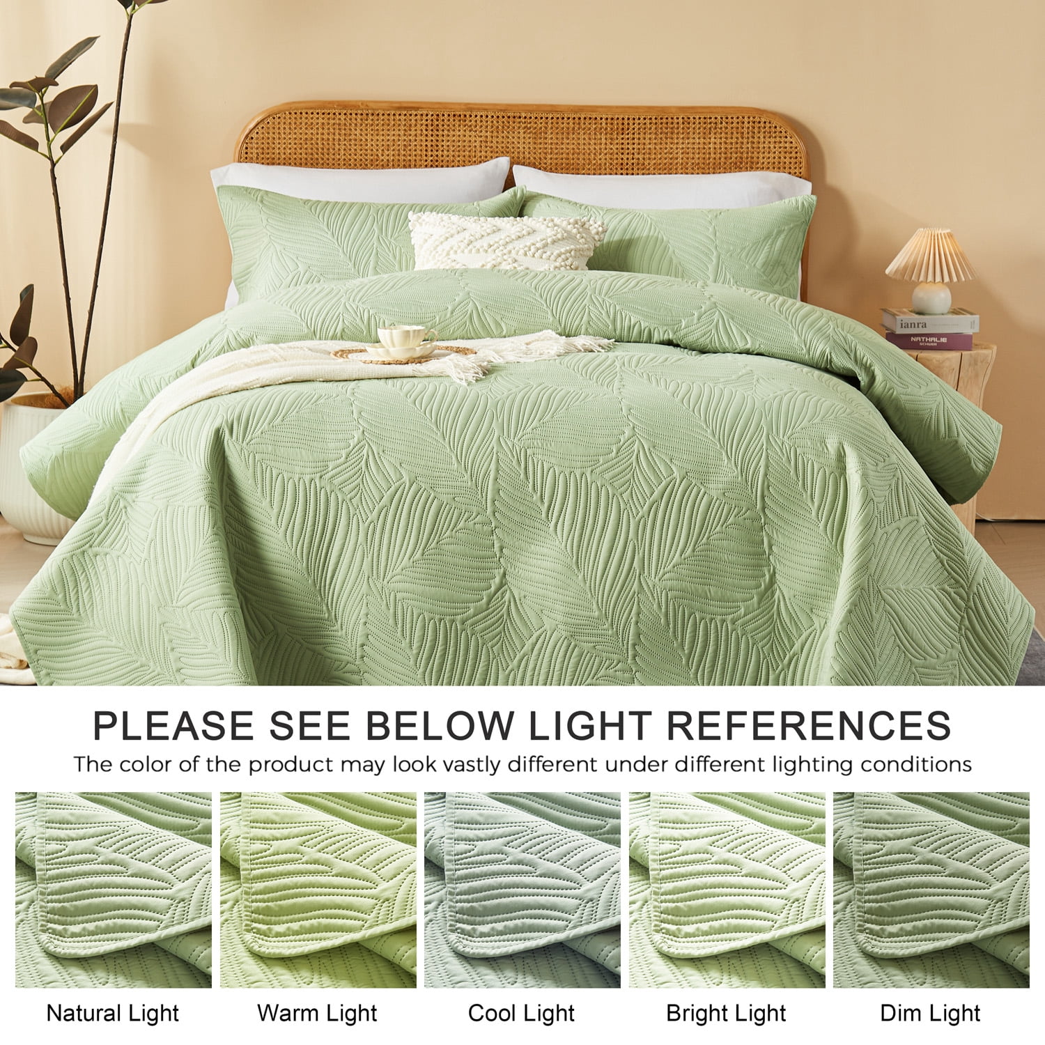 Davulos 3 Pieces Queen Quilt Bedding Set Soft Lightweight Sage Green Bedspread with Leaf Pattern,Microfiber Bed Coverlet Full Size for All Season(1 Quilt, 2 Shams)