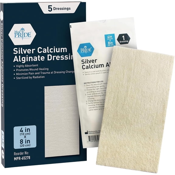 MED PRIDE Silver Calcium Alginate Non Stick Wound Pads, 4 X 8 Inch, 5 Count Sterile, Highly Absorbent