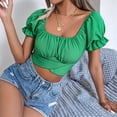 thumbnail image 4 of Blusa Informal de Verano con Cuello Cuadrado, Mangas y Hombros Descubiertos para Mujer, con Volantes y Lazo en la Espalda. Verde XL, 4 of 10