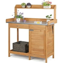 QISHENSHUI Outdoor Potting Bench Table Work Station Garden Planting with Cabinet & Drawer & Top Shelf & Lower Shelf Natural Wood
