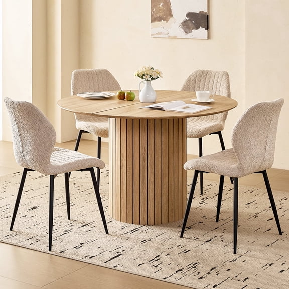 47" Round Dining Table Set of 4, Natural Wood Kitchen Table with 4 Beige Boucle Dining Chairs