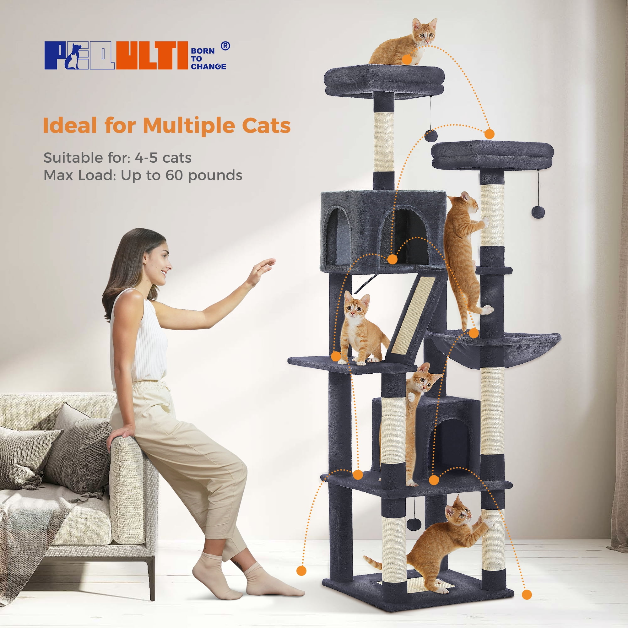 PEQULTI 71 " Large Cat Tree Tower for Cat with Dual Condos and 6 Scratching Posts Indoor Dark Gray