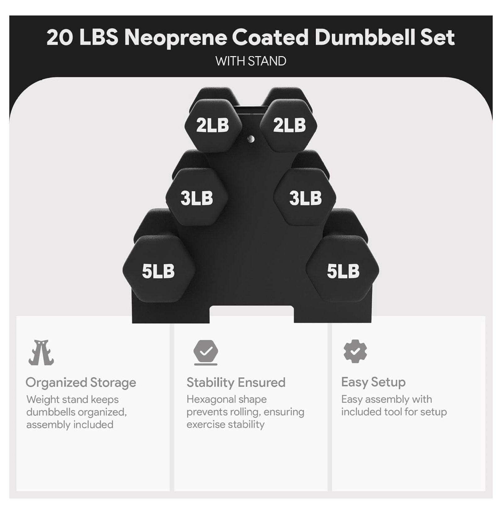 Neoprene Dumbbells Set with Stand - 2lb, 3lb, 5lb Hex Weights - Strength Training, Home Gym, Color Coded Non-Slip Grip