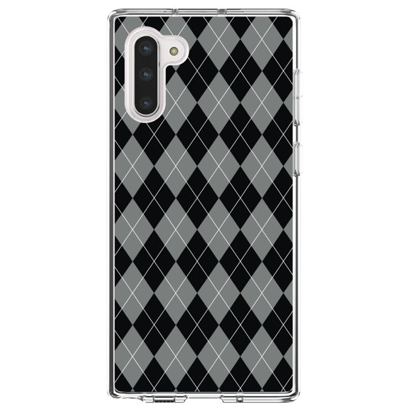 DistinctInk Clear Shockproof Hybrid Case for Samsung Galaxy Note 10 (6.3" Screen) - TPU Bumper, Acrylic Back, Tempered Glass Screen Protector - Black Grey White Argyle