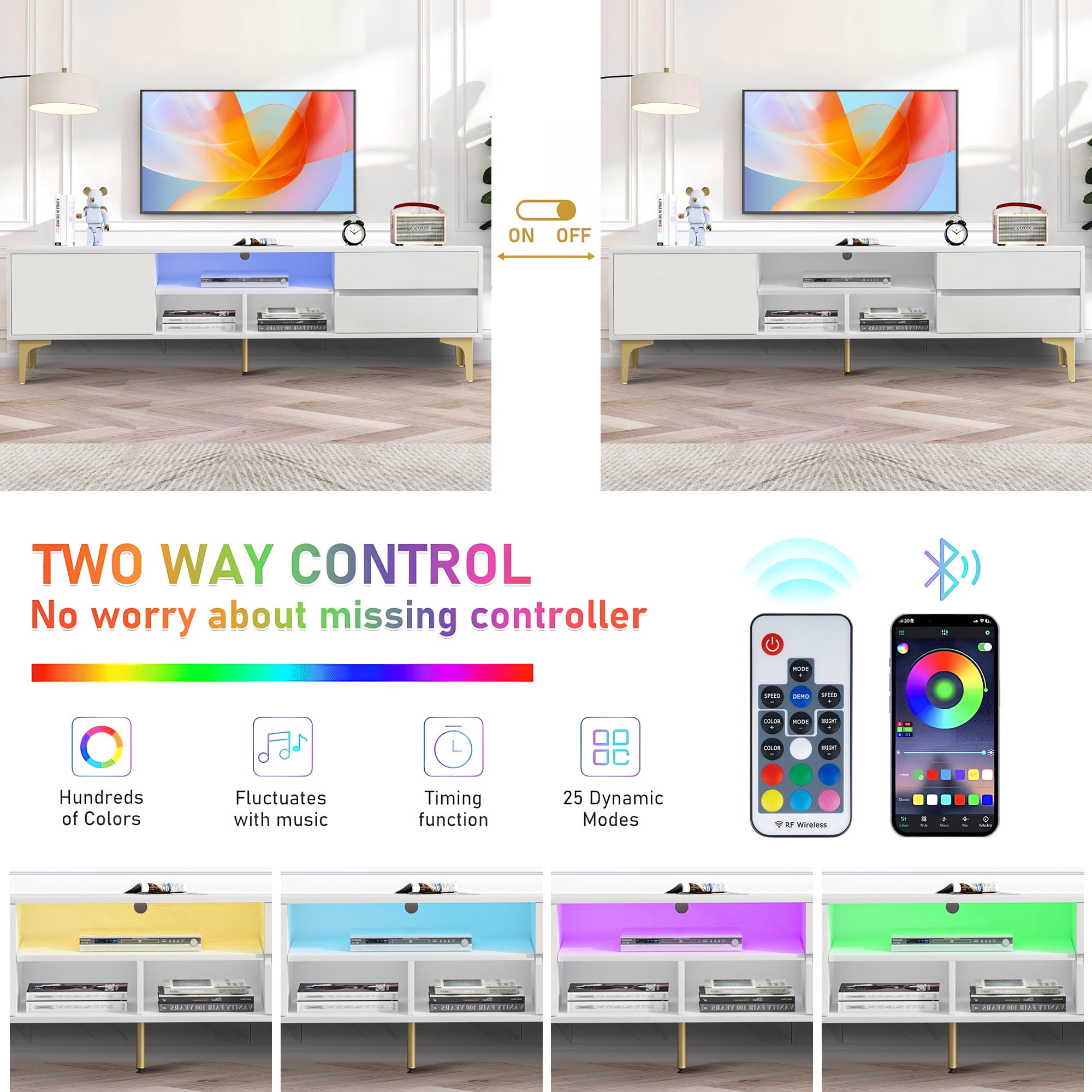 SESSLIFE TV Stand for 70 Inch TV, TV Console Table with RGB LED Lights, Modern Wood Entertainment Center with Cabinet and Drawers, TV Cabinet for Living Room, Bedroom, White