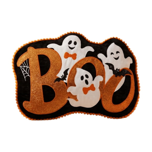16 Inch Boo Ghost Shaped Throw Pillow, Orange Glitter Letter with Spirit Bat, Halloween Cushion for Sofa Couch Bed Home Decor