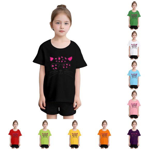 Big Girls Summer Casual Tops Crew Neck T Shirts Cute Graphic Print Short Sleeve Tee Size 9-10T ,Black