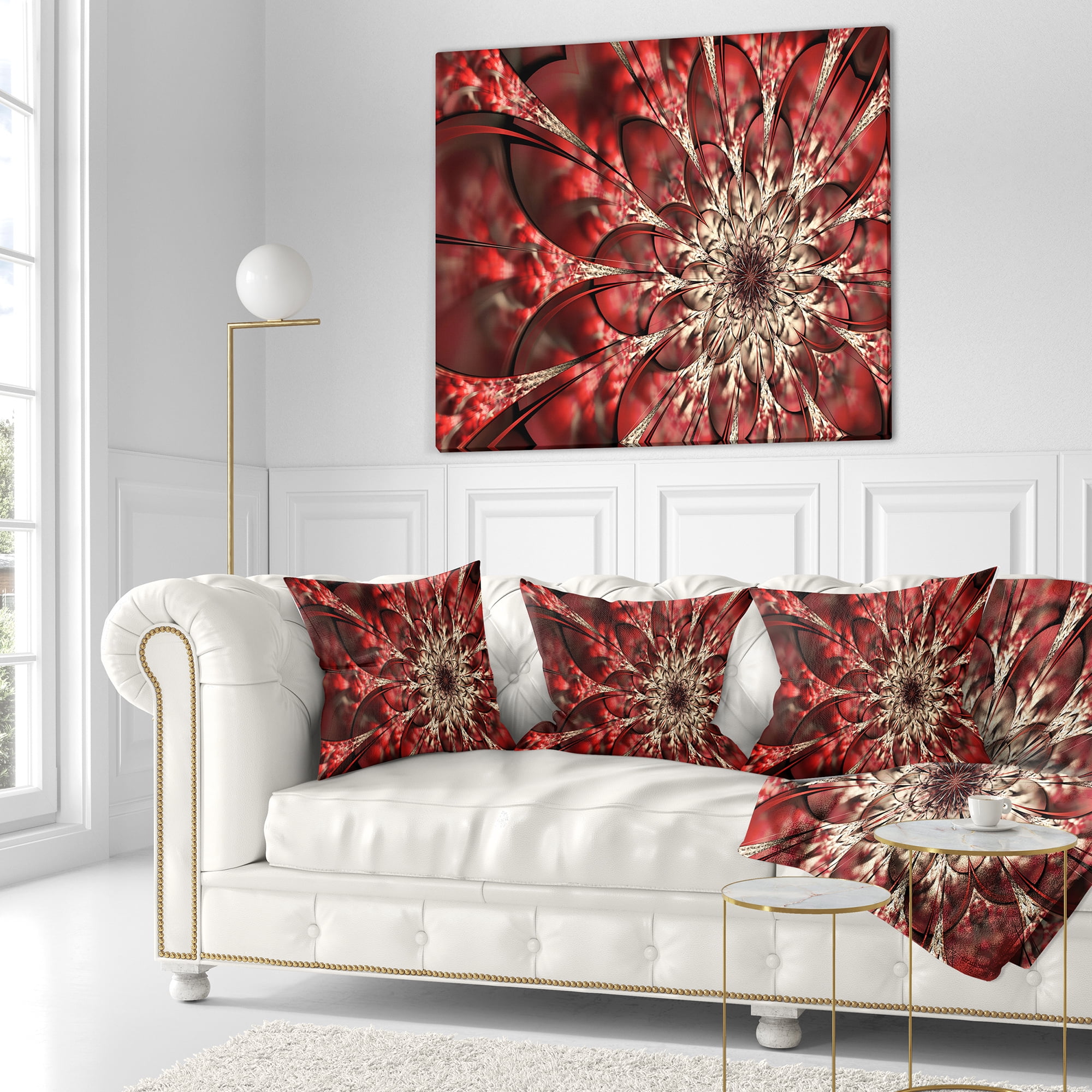 Designart Red Symmetrical Flowers Pattern - Floral Throw Pillow - 18x18