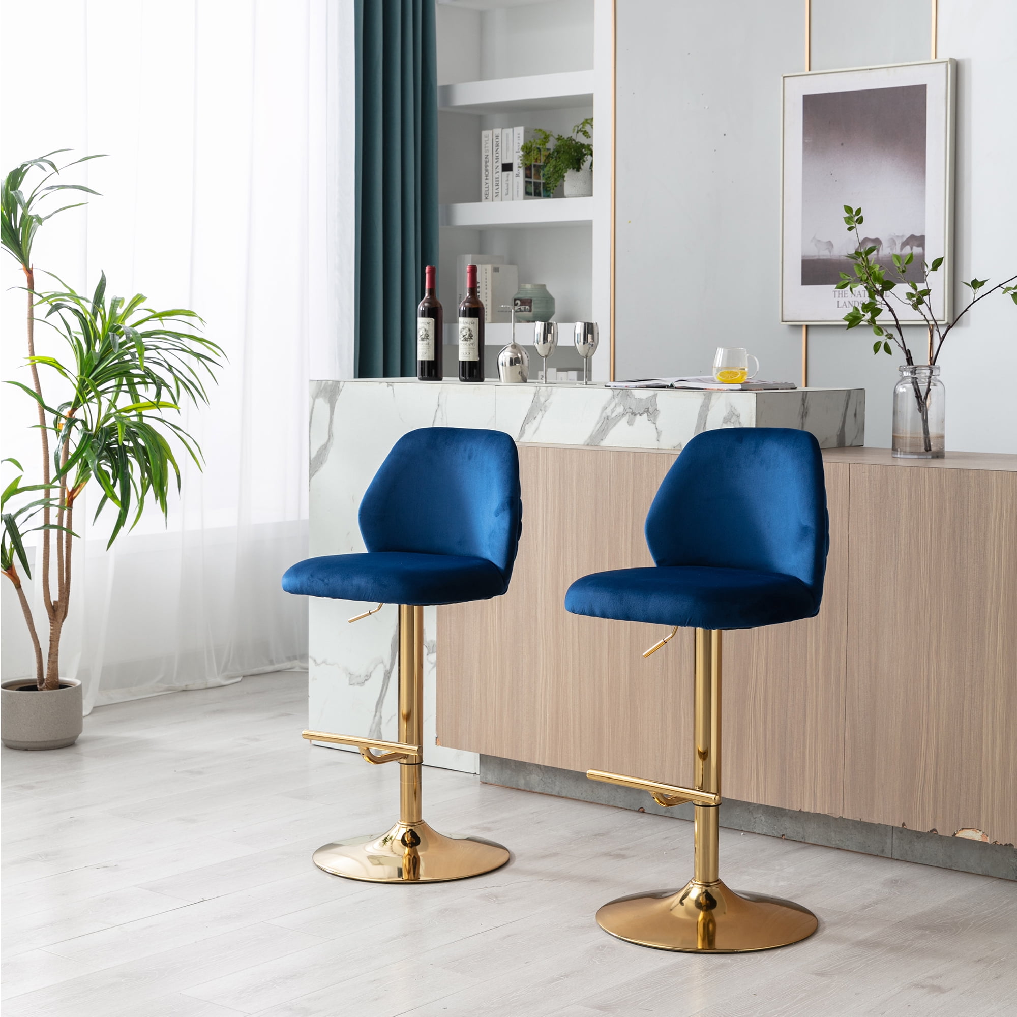 Kadyn Swivel Bar Stools Chair Set of 2, Adjustable Counter Height Barstools with Tufted High Back & Ring Pull, Navy Blue Kadyn Swivel Bar Stools Chair Set of 2, Adjustable Counter Height Barstools with Tufted High Back & Ring Pull, Navy Blue