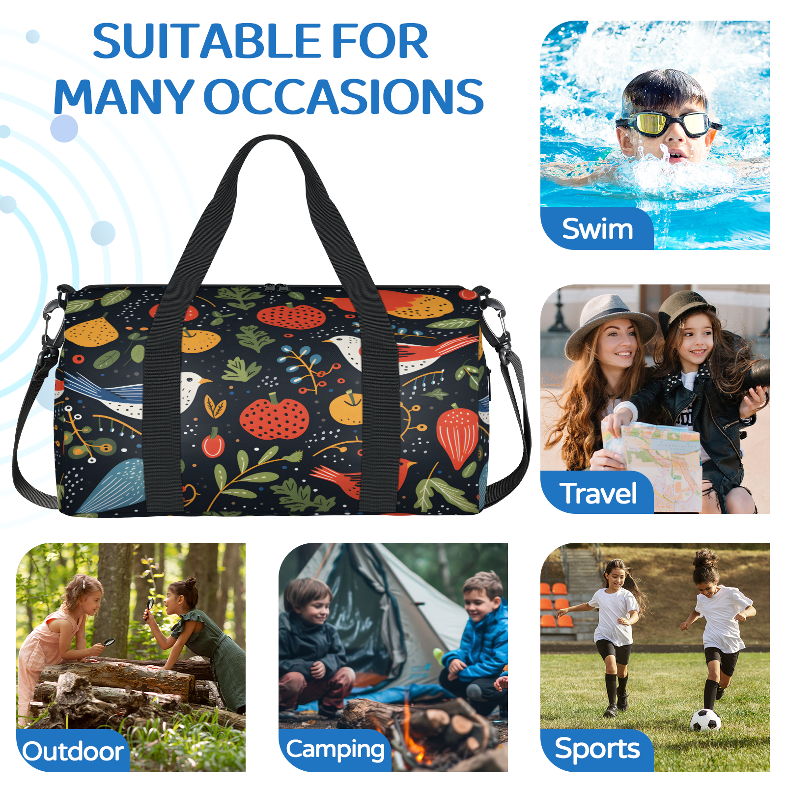 Herdesigns Colorful Birds Gym Bag for Women, Duffle Bag for Travel Sport, Fruit and Bird Lightweight Waterproof Carry on Weekender Dance Yoga Workout Bags