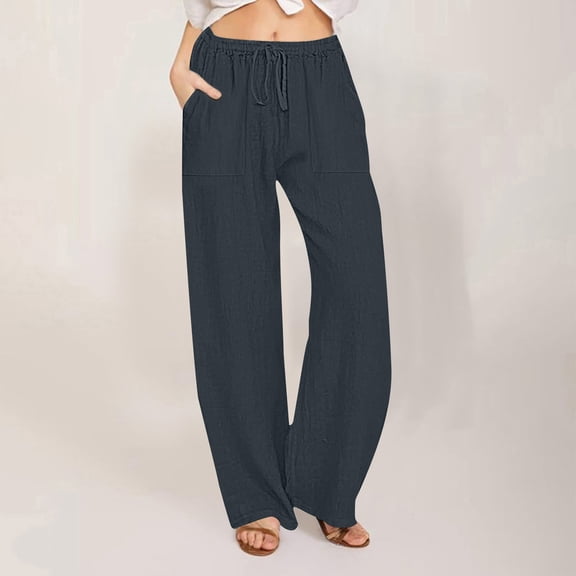 ClodeEU Women's High Waisted Linen Pants ,Wide Leg Drawstring Trousers with Pockets Gray,Womens Plus S