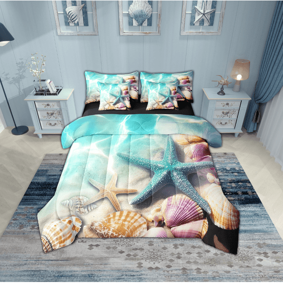 Erosebridal 3D Starfish Bedding Sets Twin Size, Kawaii Seashell Comforter Sets with Sheets, Blue Ocean Reversible Bedding Twin Size, Ultra Soft Bedroom Decor, 7 Pieces