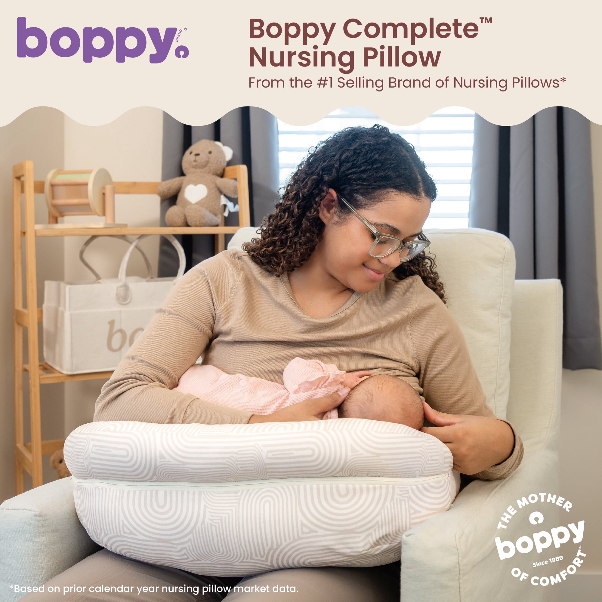 Boppy Complete Nursing Pillow – Ergonomic Bottle and Breastfeeding Pillow – 2-in-1 CloseComfort Design With Belt and Full-Length Positioning Bolster-Oat Retro Arches
