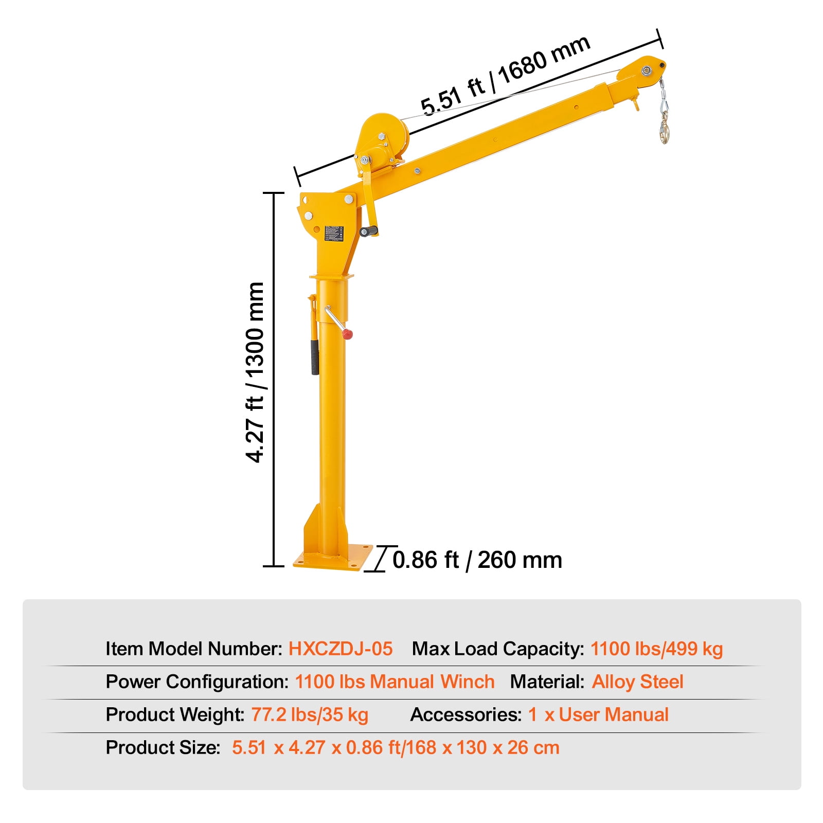 KFFKFF Folding Truck-Mounted Crane with 1100 lbs Manual Winch, Steel Jib Crane Hoist with 360-Degree Swivel for Lifting in Construction, Forestry, and Industrial Applications