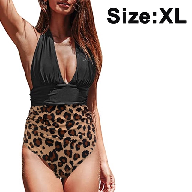 Women's One Piece Swimsuit Halter Plunge Neck Ruched Tummy Control Bathing Suits One-piece Open Back Sexy Color Block Bikini