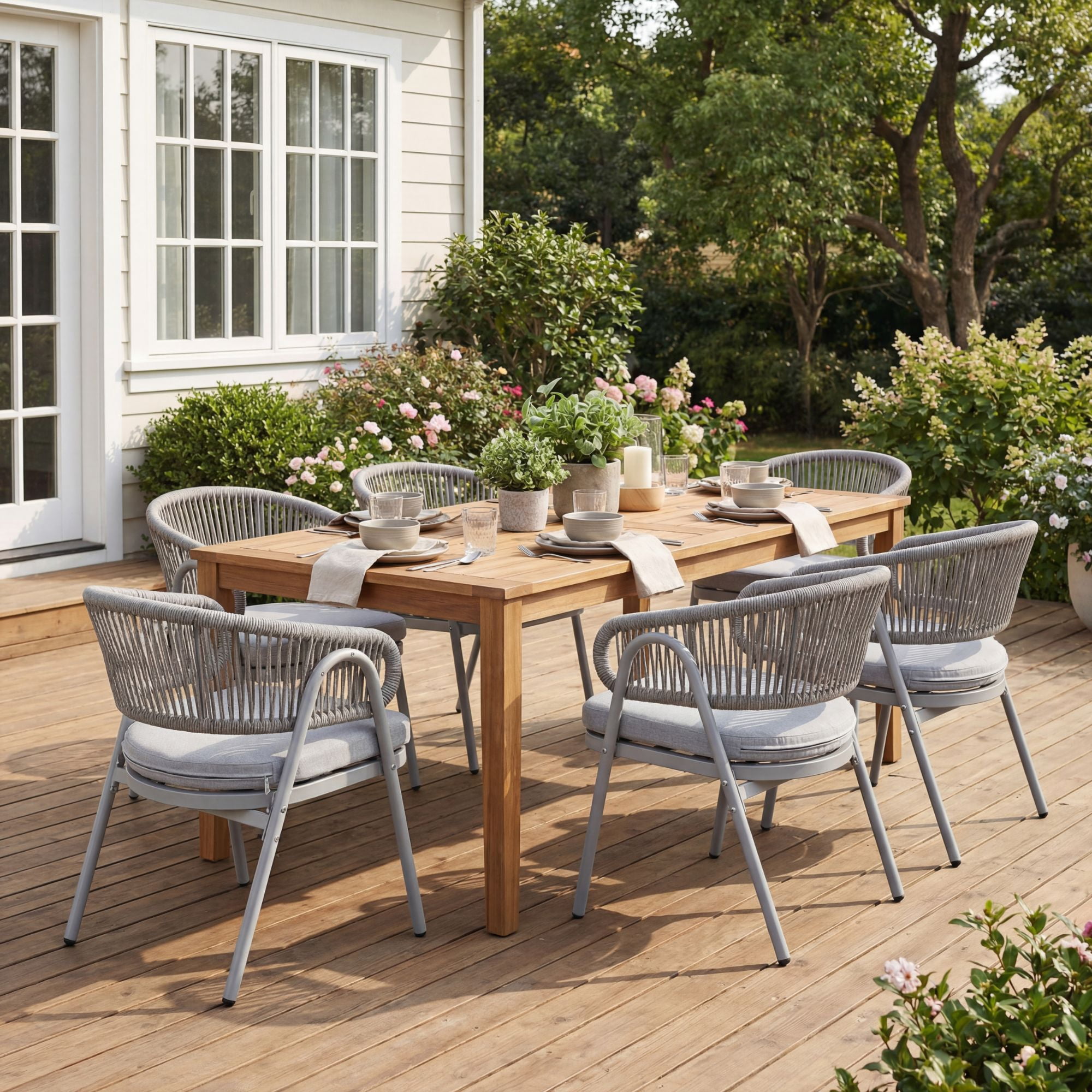Dayalane Outdoor Dining Chairs Set of 4, Modern Rope Woven Patio Armchairs with Curved Back, Weather-Resistant Metal Frame, Balcony Backyard Bistro Seating, Grey