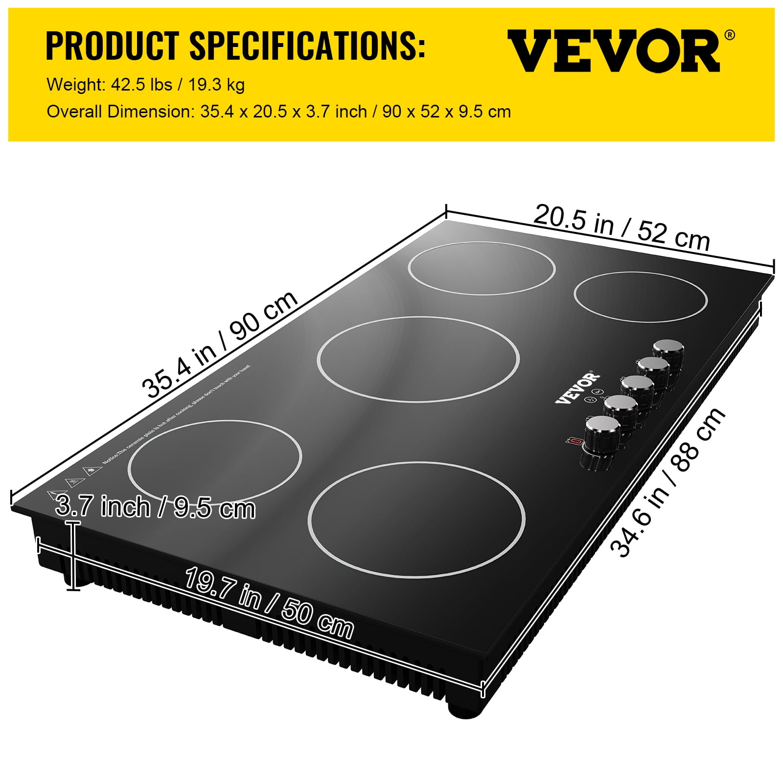 VEVOR Built-in Induction Cooktop, 35 inch 5 Burners, 220V Ceramic Glass  Electric Stove Top with Knob Control, Timer & Child Lock Included, 9 Power  Levels with Boost Function for Simmer Steam Fry 