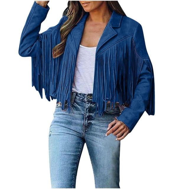 LMKIHUSA Vestes en Faux Cuir Suédé pour Femmes à Franges à Pampilles Manteaux Ouverts Manches Longues Cowboy à Revers Vestes Courtes 2025 Bleu Marine,TTG