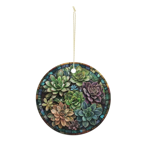 Stained Glass Succulent Garden Christmas ornament, Christmas decoration, holiday present idea, heirloom keepsake, round ceramic, gift Exchange, bauble present, gift idea