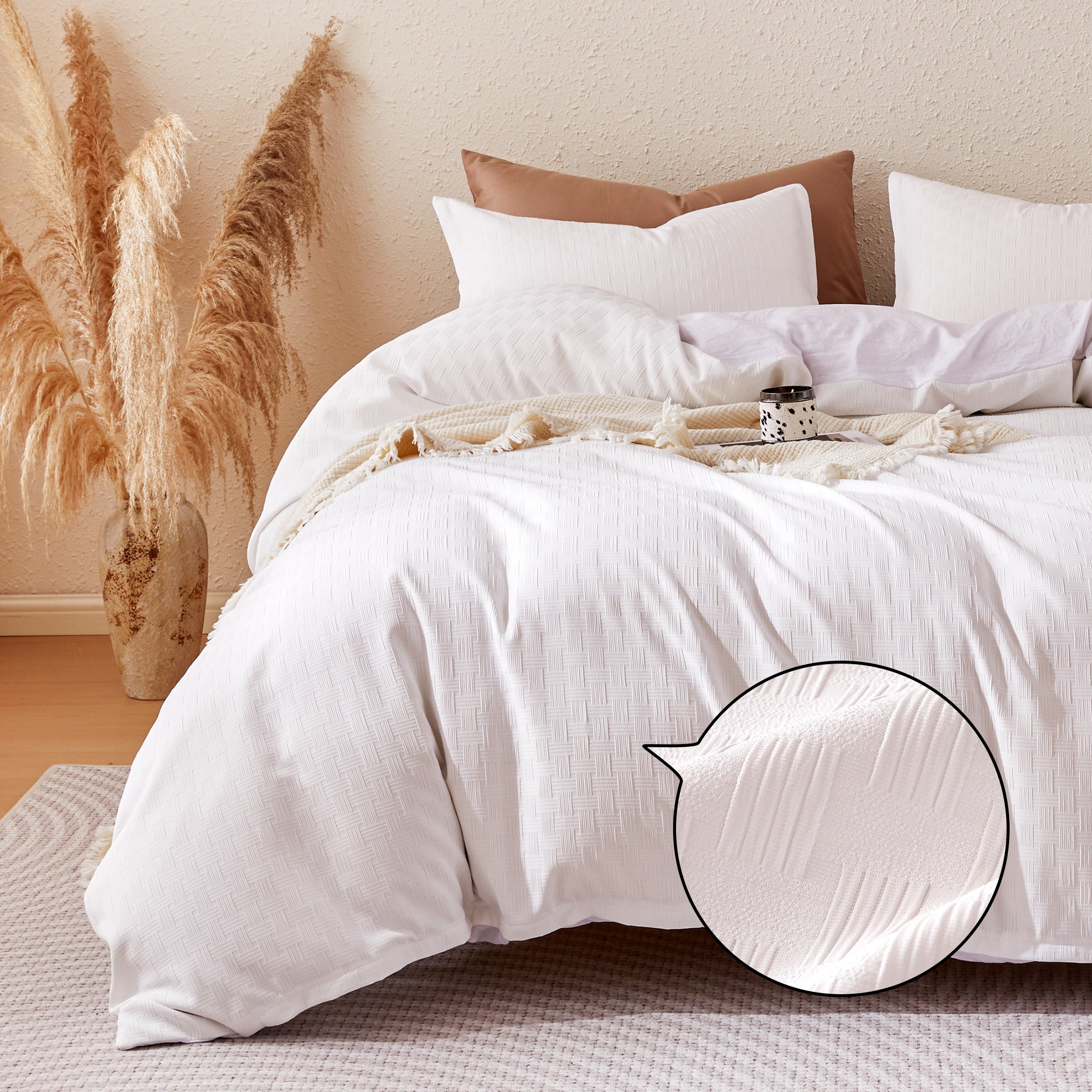 Sonive Geometrical Duvet Cover Set White Grid, 3 Pieces Modern Pattern with Pillow Sham, Queen