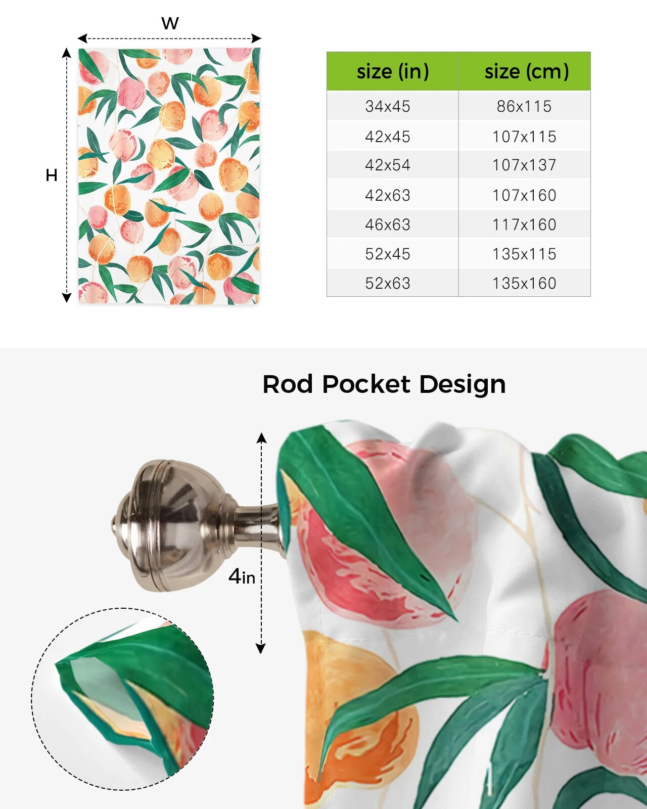 Peach Leaf Flowers Fruit Watercolor Window Curtain for Living Room ...