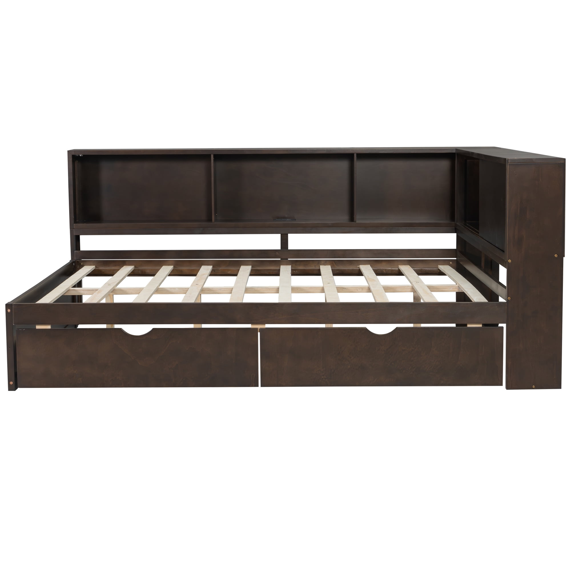 Euroco Wood Queen Size Daybed with Storage Shelves and Drawers, USB Ports and LED Light, Brown