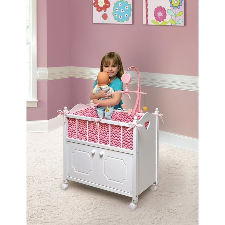 Cabinet Doll Crib with Chevron Bedding and Free Personalization
