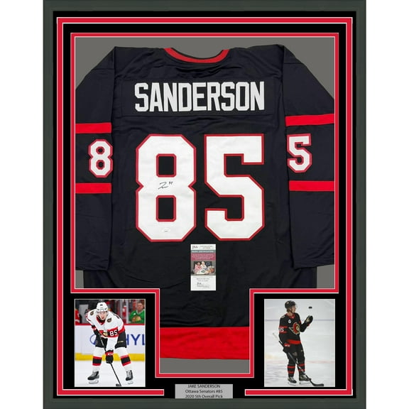 Framed Autographed/Signed Jake Sanderson 35x39 Ottawa Black Hockey Jersey JSA COA
