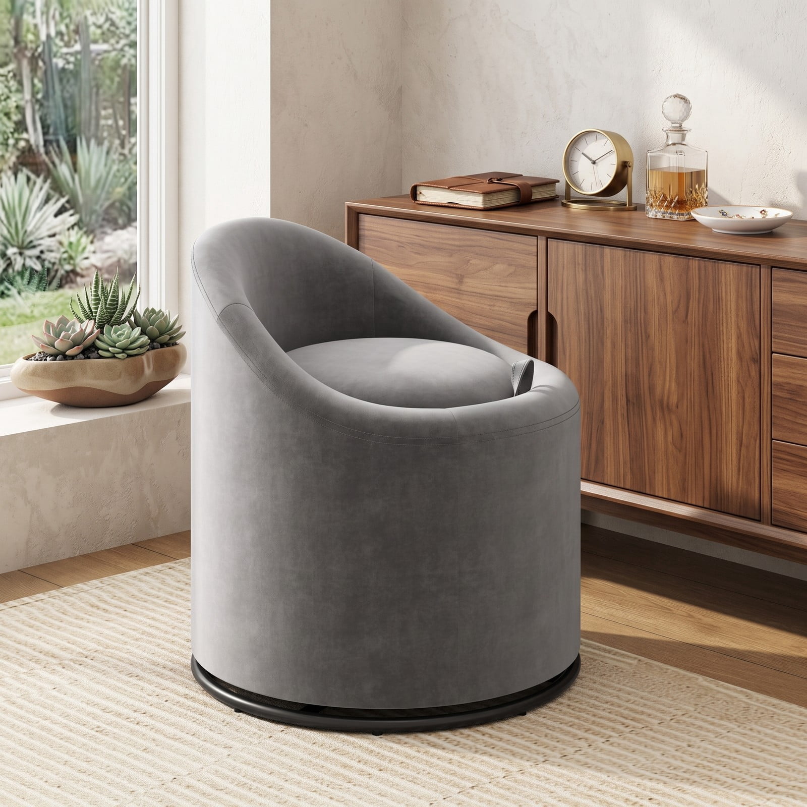 Furnibear Barrel Chair with Hidden Storage, 360 Degree Swivel Upholstered Velvet Accent Vanity Chair with Curved Backrest, Metal Base, No Assembly, for Bedroom, Gray