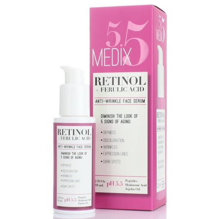Medix 5.5 Retinol Serum for Wrinkles, Expression Lines, Dark Spots, and dry skin. 2oz Anti-aging face serum with Ferulic Acid, Hyaluronic Acid, Jojoba Oil, and peptides. Large 2FL Oz with a
