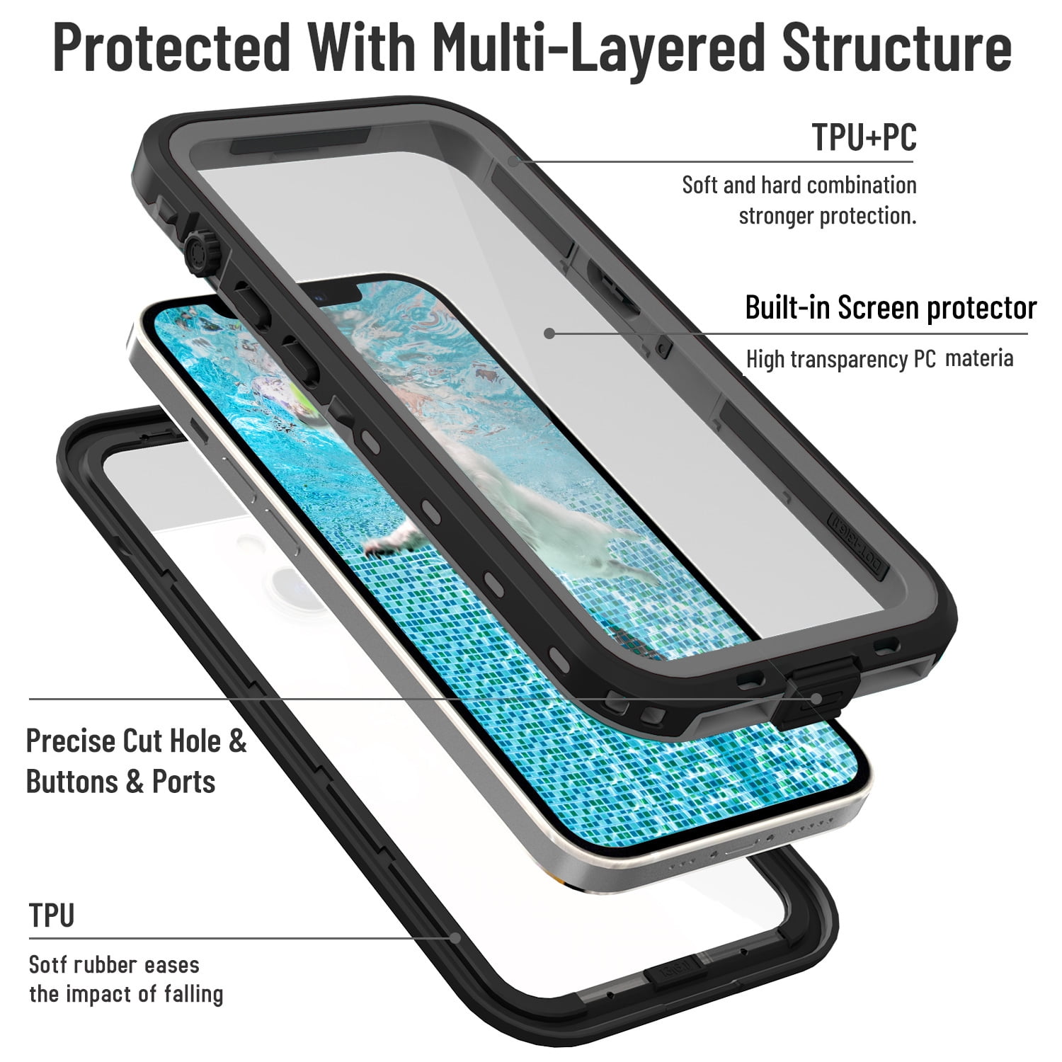 IP68 Waterproof Case for iPhone 13 Shockproof Rugged Case Built in Screen Protector Swimming Underwater Phone Cover Supprot Wireless Charging(6.1" Black)