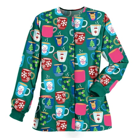 

Womens Scrubs_tops Christmas Funny Print Workwear Shirts Button Down Round-Neck Tshirt Working Uniform with 2 Pockets