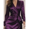 thumbnail image 5 of Purple Solid Color Elegant V-Neck Long Sleeve Wrap Waist Tie Fitted Midi Dress For Formal Occasions, 5 of 5