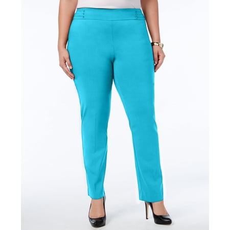 JM Collection Plus Size Tummy Control Pull On Slim Leg Pants Seafoam Blue 20W