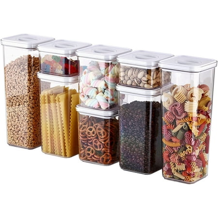 

Smart Seal 8pc Patent Airtight Kitchen Pantry Canister/Organizer Clear Plastic Container & Simple Twist Lids 100% Leak Proof Dishwasher Safe BPA Free Cereal Dry Food Storage Set White