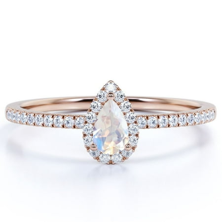 JeenMata 1 Carat Teardrop Rainbow Moonstone and Moissanite Halo Dainty Ring in 18k Rose Gold over Silver