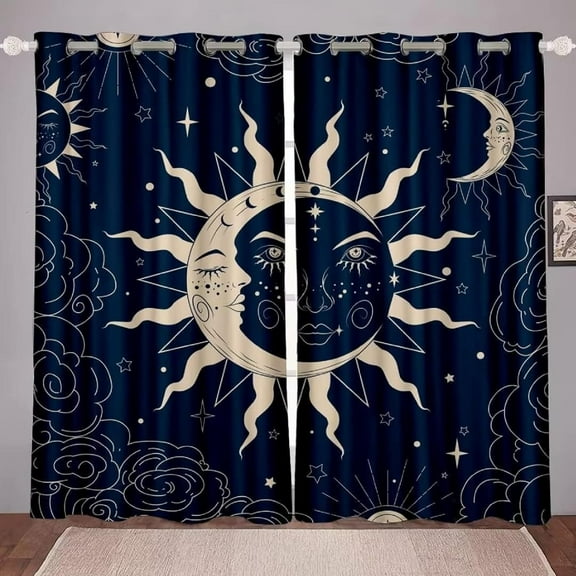 Sun and Moon Blackout Curtains for Bedroom Living Room Navy Blue Boho Celestial Darkening Grommet Curtain Window Drapes Treatment Room Decor,2 Panels Set-52"W x 45"L (Pack of 2)