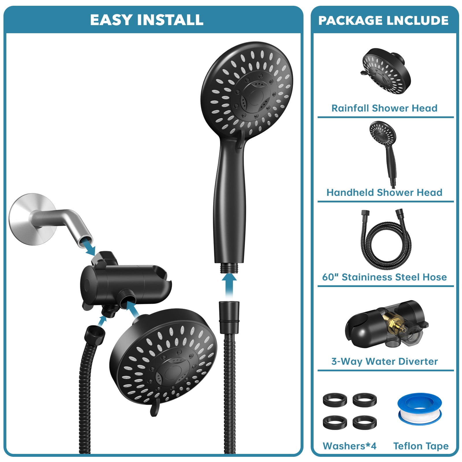GPED High Pressure Dual Shower Head Combo, Premium 3 in 1 Handheld Shower Head Combo w/ 35 Settings & 60" Stainless Steel Hose, 3-Way Rainfall Showerhead with Durable Nozzles & Anti-Clog,Matte Black