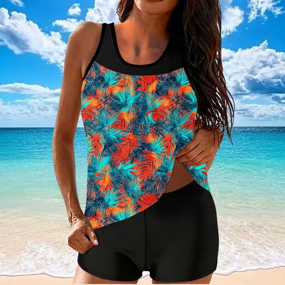 Aboser Womens Push Up Tankini Swimsuits with Boyshorts High Waisted 2 Piece Bathing Suit Trendy Hawaii Tropical Print Beachwear Loose Fit Modest Swimsuit Multicolor S