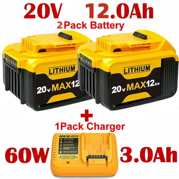 DW 2Pack DCB200 12.0Ah Lithium Battery  And 1Pack 3A charger Replacement  20V Battery Max XR Cordless Tools DCB180 DCB206 Wireless power tools lithium battery replacement