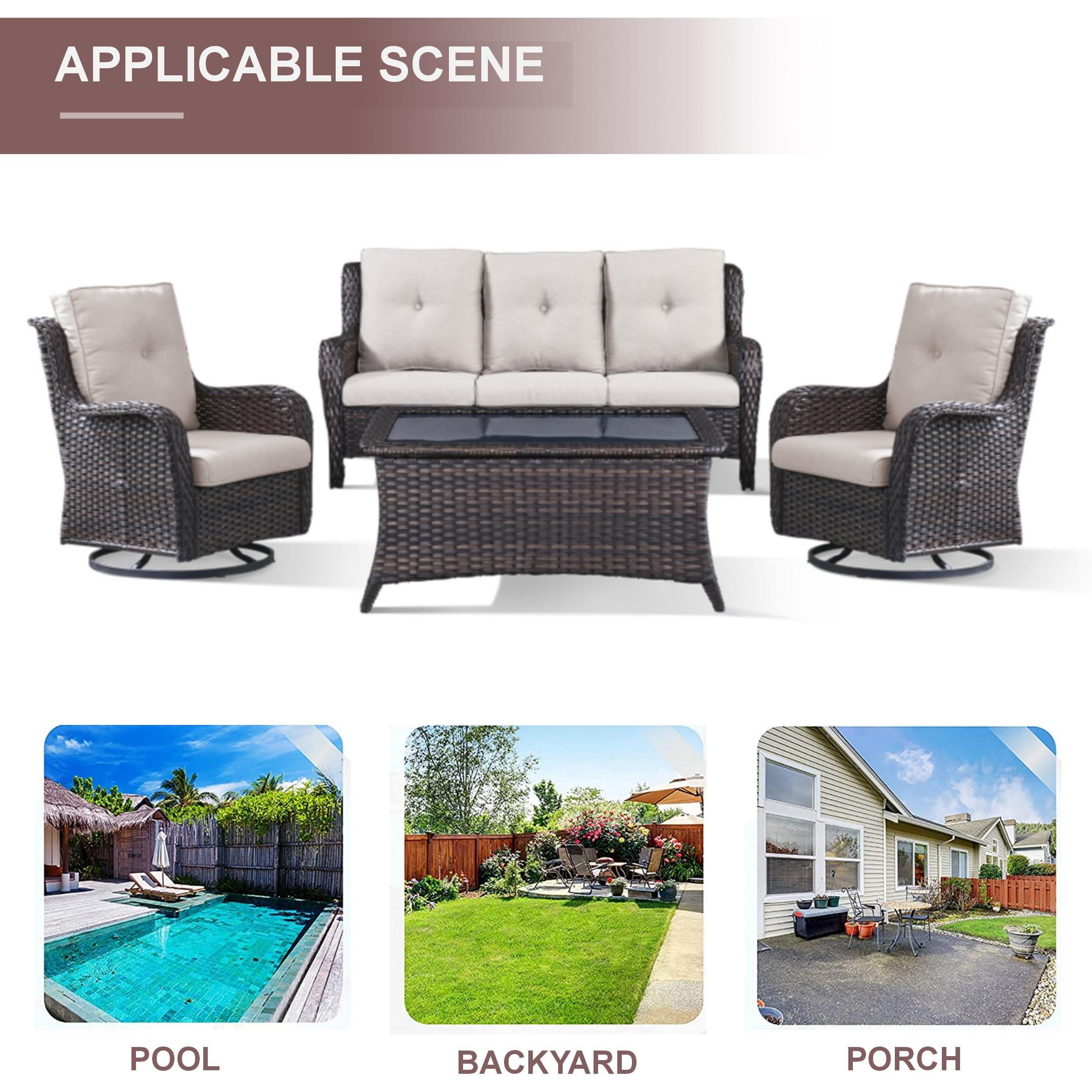 Gymojoy Outdoor Furniture 3-Piece Sofa, Patio Rattan Wicker Seactional Couch with Ottoman, Beige